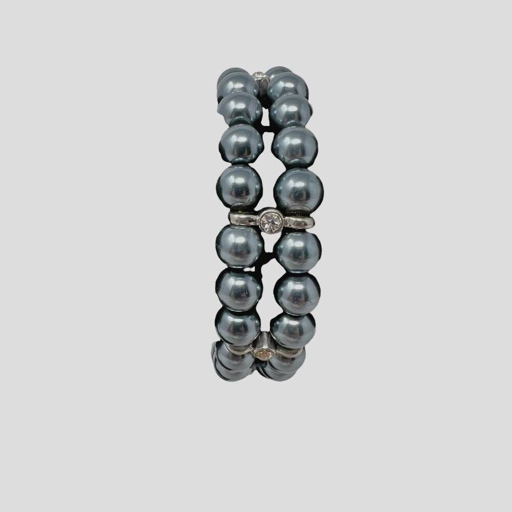 Gray Green Pearl Bracelet Stretch Double Row Rhinestone Silver‎ Tone Stations